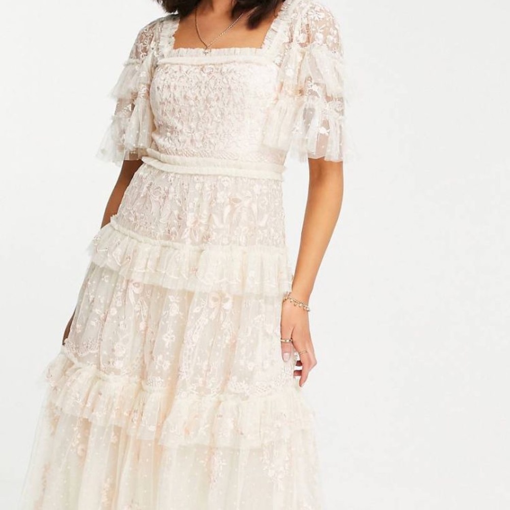 Needle and thread Arwen midi milk maid dress with lace in pink